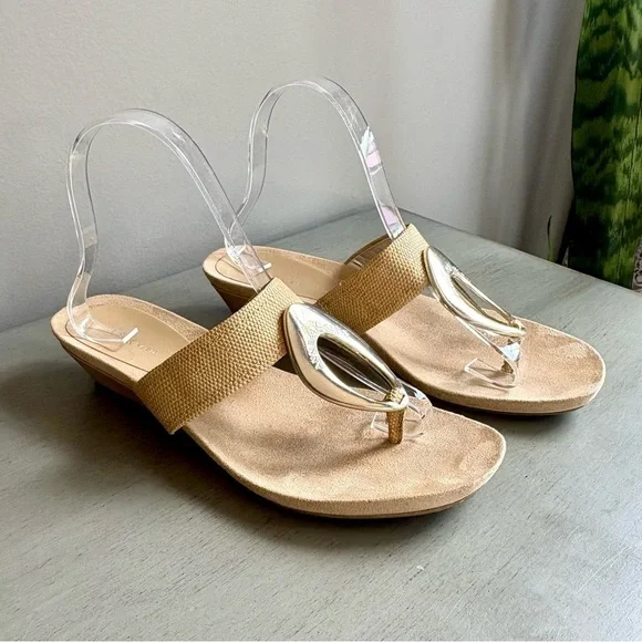 Anne Klein AK Women Tan Wedge Sandal Slide Thong 8 Neutral Gold Circle Summer - Picture 1 of 13